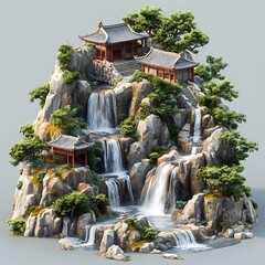 Fototapeta premium Serene Waterfall Asian Architecture Landscape