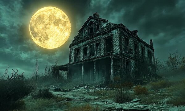 Dilapidated house bathed in moonlight under ominous, cloudy sky. Spooky atmosphere