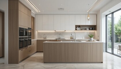 Modern Minimalist Kitchen With Light Wood Cabinets And White Countertops