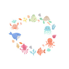Colorful marine life circle with sea animals and coral illustrations.