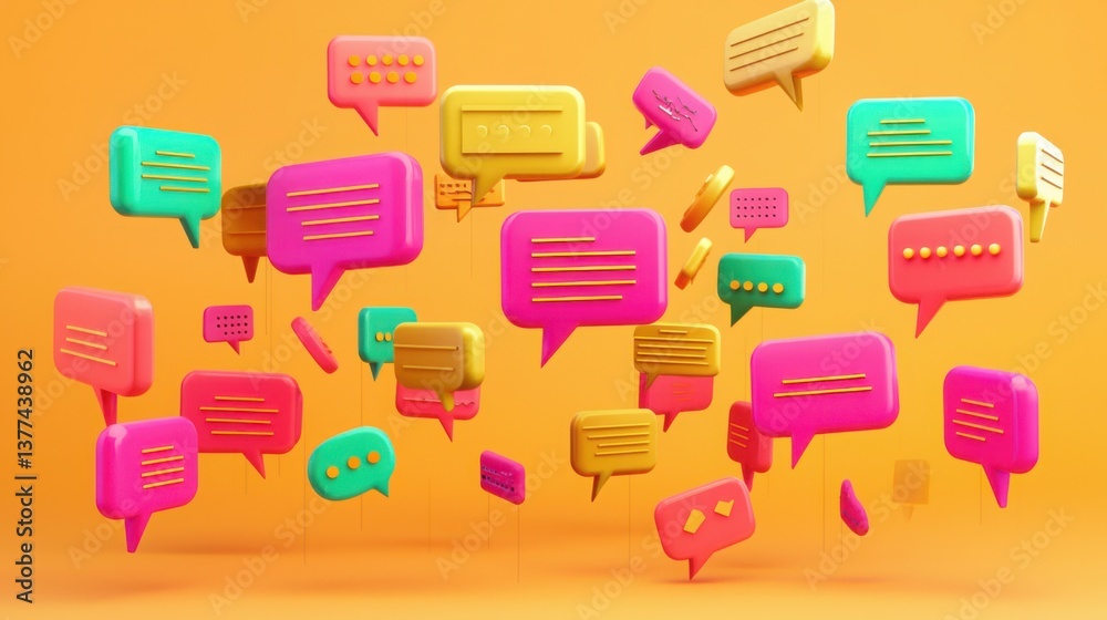 Poster colorful array of speech bubbles representing chatbot user interface mockup for business communicati