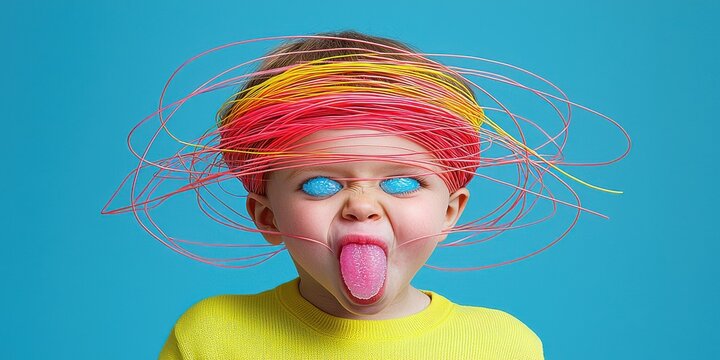 A playful child with colorful hair and playful expression.