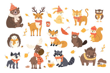 Fototapeta premium Charming cartoon forest animals with autumn accessories for seasonal decor and kids design.