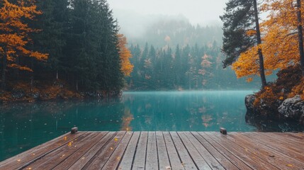 Serene autumn lake scene. Wooden dock extends over teal water, surrounded by colorful foliage and misty mountains.