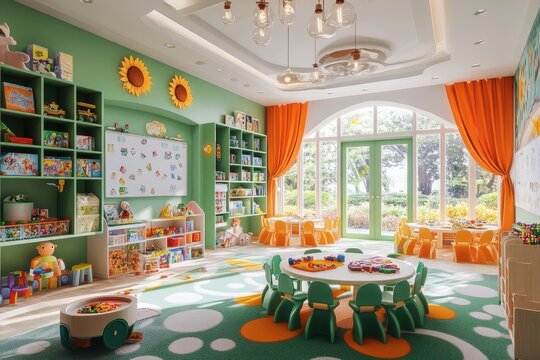 Bright and inviting preschool classroom with ample toys and learning resources.  Spacious play area with colorful furniture, natural light, and a view of an outdoor play space