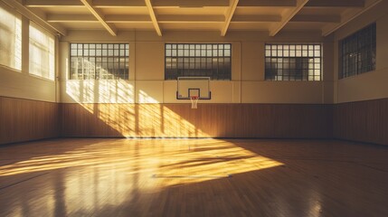 Sunlit empty basketball court with wooden floors and high windows