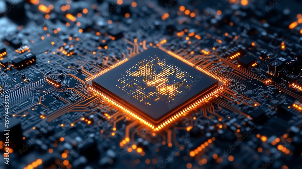 Wall mural powerful quantum ai processor unit on pcb motherboard with data transfers, minimalist design with co
