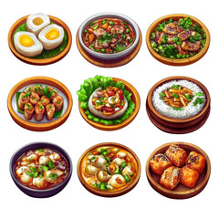 Set of asian food dishes including sushi noodles dumplings and rice served on wooden table with chopsticks