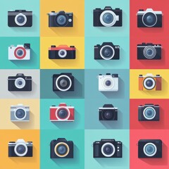 A diverse collection of cameras, including a vintage film camera, a modern DSLR, a compact mirrorless model, and a smartphone, all arranged on a wooden table with soft lighting.