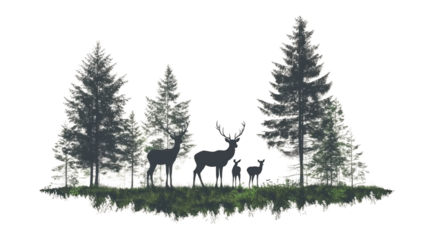 A deer and a fawn standing together in a serene forest environment surrounded by trees and underbrush