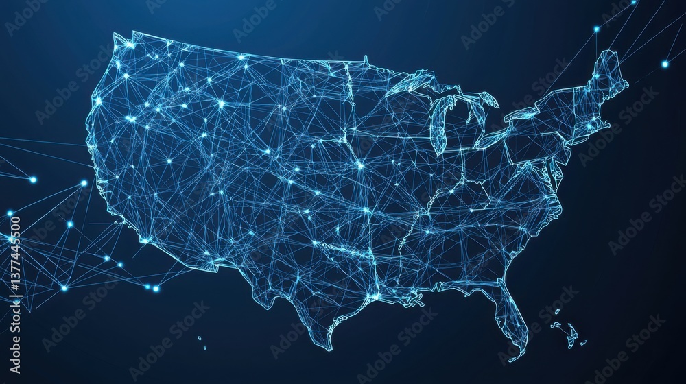 Poster united states map with a network of connected lines symbolizing customer feedback and blockchain tec