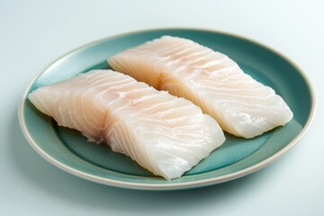 Two fresh raw white fish fillets on a teal plate display