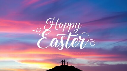 Silhouette of three crosses on a hill with 'Happy Easter' text against a vibrant sunset sky.
