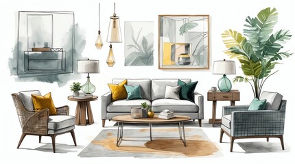 Cozy Living Room Interior Design Watercolor Illustration with Comfortable Furniture