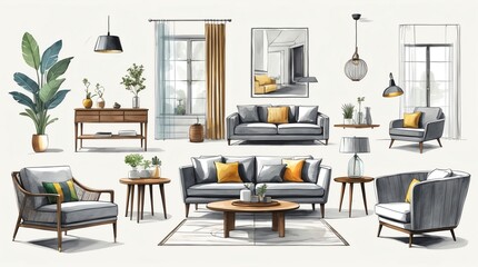Elegant Living Room Furniture and Decor Illustration Set with Modern Style