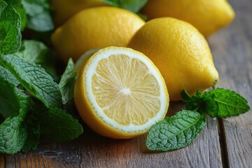 Fresh Lemons and Mint on Wooden Surface
