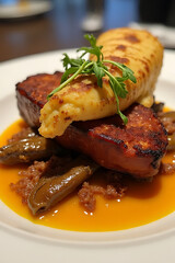 Gourmet meal presentation fine dining restaurant food photography elegant setting close-up view
