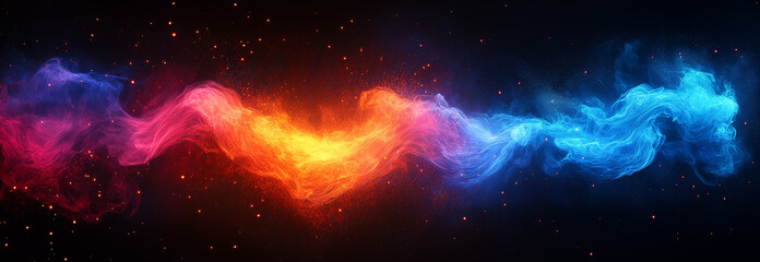 Naklejka premium Red and blue flames with purple, red, and orange tones on a black background, hyper-realistic cinematic effect