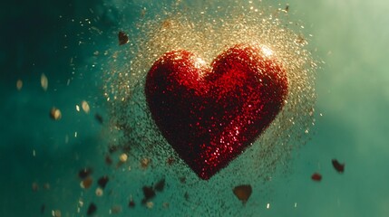 Red heart exploding in gold glitter
