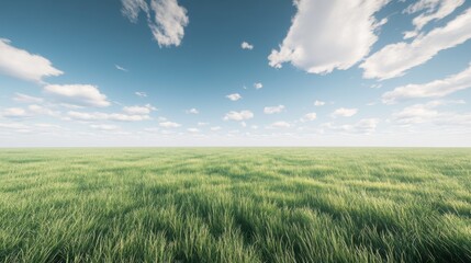 Obraz premium Green grass field blowing in the wind under blue sky with clouds