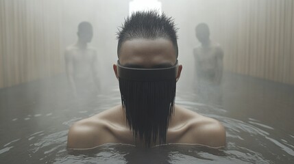 Mysterious Man in Dark Water with Mask, Dramatic Lighting and Foggy Atmosphere