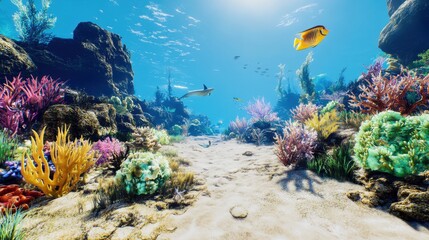 Fototapeta premium Colorful coral reef teeming with marine life in sunlight ocean