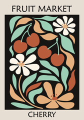 Abstract Fruit Market Cherry retro poster. Trendy contemporary wall arts with Cherry fruits, leaves and flowers in Mid century modern style. Vector flat illustration