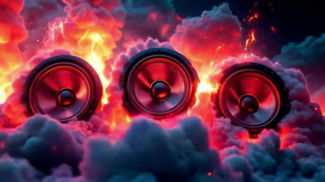 Epic Music Speaker Animation &ndash; Three Bass Subwoofers in Glowing Neon Clouds with Fire and Smoke, Futuristic Sound System Visual for Party Vibes, EDM Events, Audio Visualizer, and Motion Graphics"