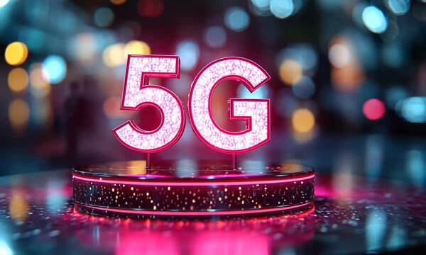 Illuminated 5G logo displayed on a stage with bokeh background, representing technology and innovation.