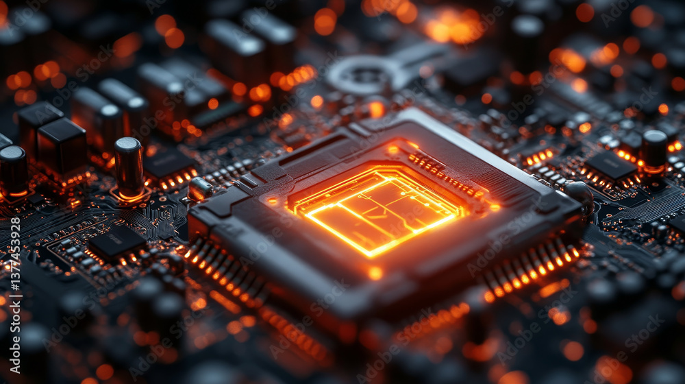 Poster high tech circuit board with glowing processor and components