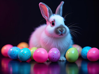 A white bunny sitting among neon-colored Easter eggs