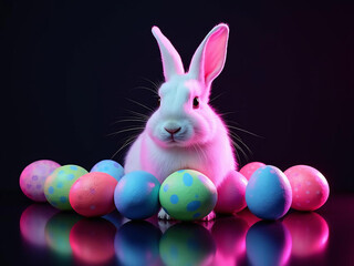 A white bunny sitting among neon-colored Easter eggs