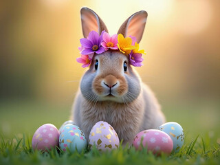 A bunny wearing a crown made of vibrant spring flowers