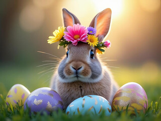 A bunny wearing a crown made of vibrant spring flowers