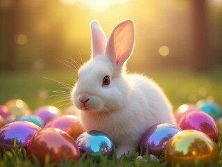 A white rabbit surrounded by crystal prism eggs