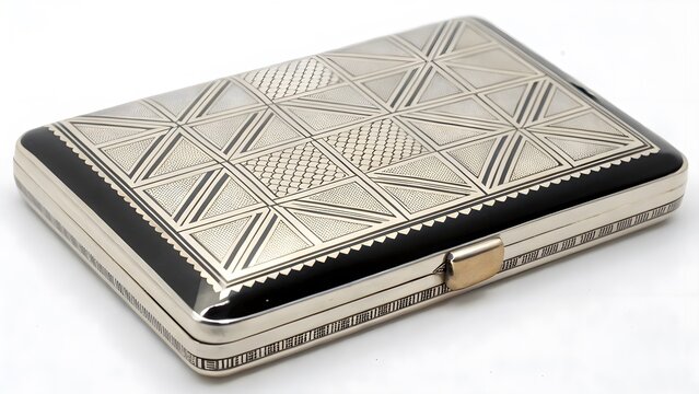 Stylish Art Deco Cigarette Case with Geometric Engravings, Silver and Black Details reflecting classic 1920s elegance and timeless sophistication