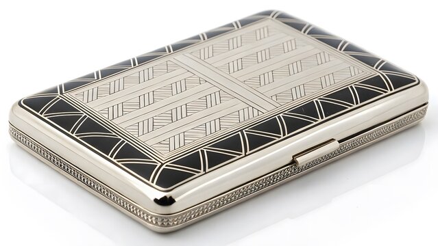 Stylish Art Deco Cigarette Case with Geometric Engravings, Silver and Black Details reflecting classic 1920s elegance and timeless sophistication