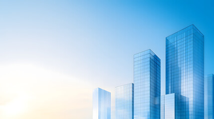 A modern city skyline with glass skyscrapers reflecting the sky, showcasing a futuristic urban landscape with sleek, contemporary architecture.
