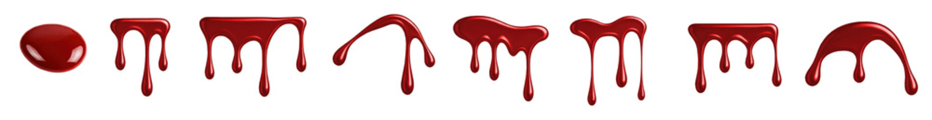 set realistic blood, ink drips and drops splashes spread across transparent background, PNG, visual effect, suitable for horror, crime, or medical-themed designs