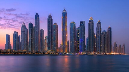 Fototapeta premium Dubai Skyline at Dusk, Cityscape, Skyscrapers, Calm Water