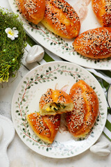 Easter pies with green onions and eggs..traditional easter pastries.