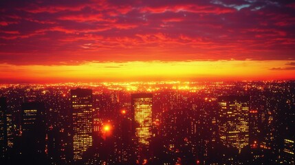 Obraz premium Fiery Sunset over Illuminated City Skyline