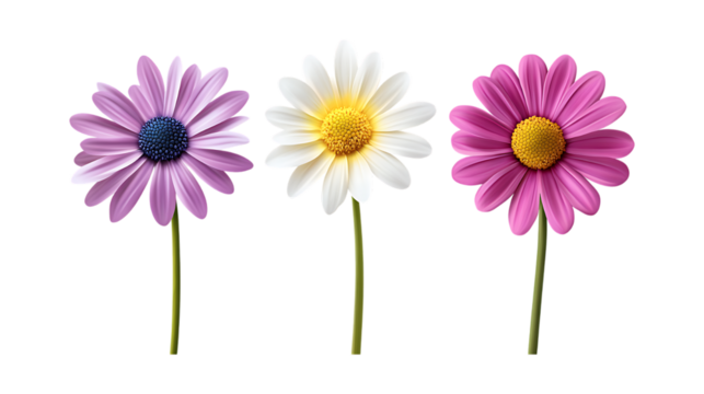 Pack of Daisy Flowers set Against Transparent Background for Floral Design, Botanical Illustrations, or Home Decor