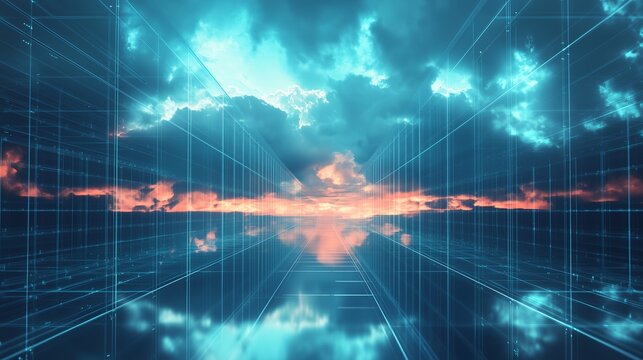 Cloud computing data center with multi cloud hybrid cloud, information storage cyber security encryption edge computing data lake, minimalism, clean design