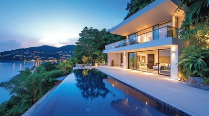 Fototapeta premium Luxurious cliffside villa with infinity pool at twilight overlooking the ocean
