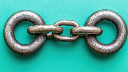 Fototapeta premium Closeup of Interlocking Metal Chain Links on Teal Background