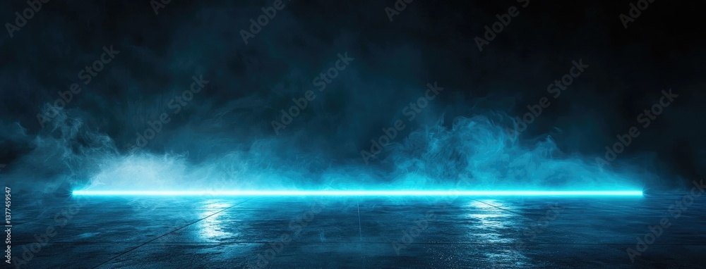 Poster Abstract dark background, glowing light lines on a black asphalt floor with mist and smoke. Neon blue night scene for product presentation in an empty studio. Dark abstract backdrop for the display