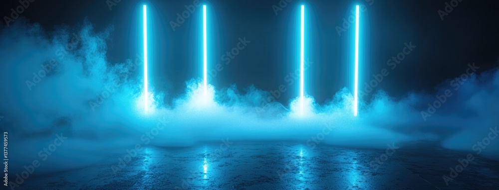 Fototapete Abstract dark background, glowing light lines on a black asphalt floor with mist and smoke. Neon blue night scene for product presentation in an empty studio. Dark abstract backdrop for the display