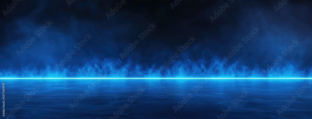 Poster Abstract dark background, glowing light lines on a black asphalt floor with mist and smoke. Neon blue night scene for product presentation in an empty studio. Dark abstract backdrop for the display