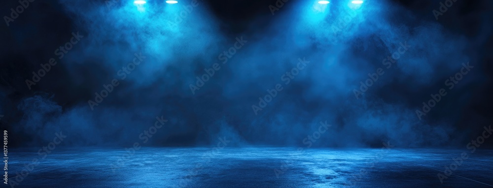 Aufkleber Abstract dark background, glowing light lines on a black asphalt floor with mist and smoke. Neon blue night scene for product presentation in an empty studio. Dark abstract backdrop for the display